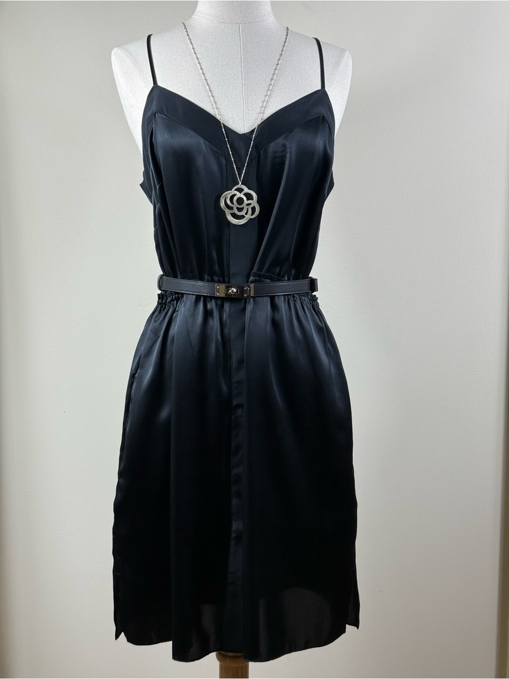 ATM Anthony Thomas Melillo Black 100% Silk Spaghetti Strap Slip Midi Dress S